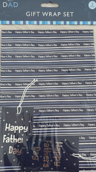 Picture of Happy Fathers Day Gift Wrap Set 2 sheets 2 tags NEW blue with stripes