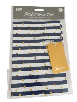Picture of Fathers day Gift wrap set blue white stripes CHEERS 2 tags 2 sheets NEW