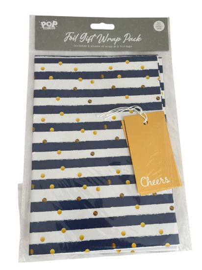Picture of Fathers day Gift wrap set blue white stripes CHEERS 2 tags 2 sheets NEW