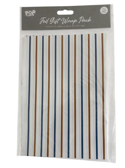 Picture of Fathers day Gift wrap set gold blue stripes  2 tags 2 sheets NEW