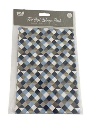 Picture of geometric Fathers day Gift wrap set white grey blue squares 2 sheets 2 tags