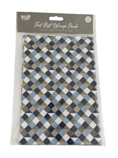 Picture of geometric Fathers day Gift wrap set white grey blue squares 2 sheets 2 tags
