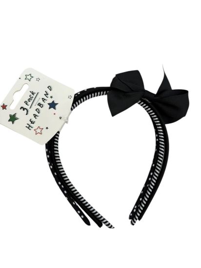 Picture of 3 x Girls Headbands Alice Bands Monochrome Black & White 1 with ribbon BOW NEW