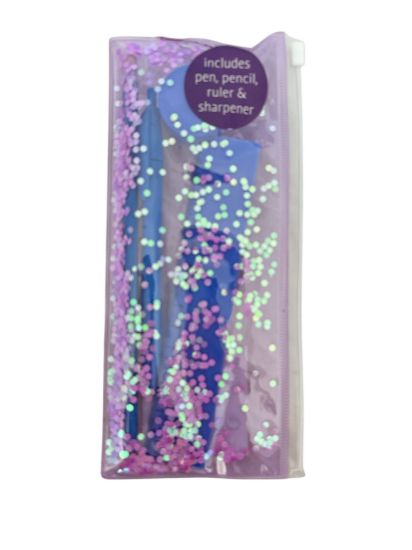 Picture of Lilac confetti filled pencil case with pencil ruler eraser sharpener new