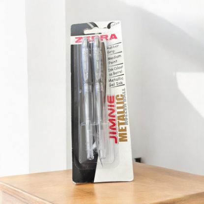 Picture of 2 x Zebra Gel ink METALLIC Roller ball pens think silver ink