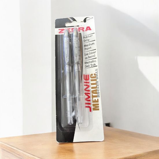 Picture of 2 x Zebra Gel ink METALLIC Roller ball pens think silver ink