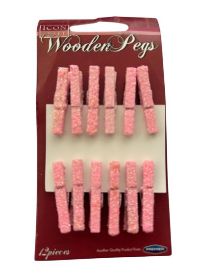 Picture of 12 x pink glitter wooden pegs craft decorative pegs pink glitter design