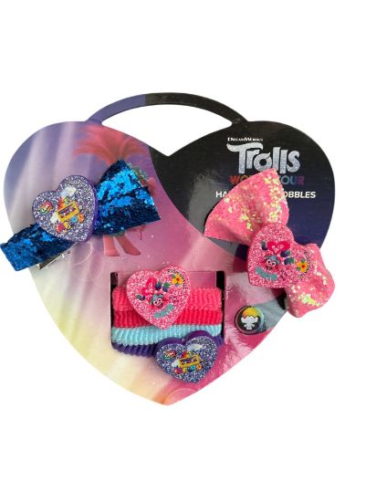 Picture of 6 piece TROLLS Hair bow set 2 glitter bows with charms 4 x bobbles trolls gift