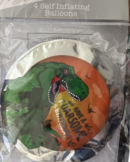 Picture of 4 x DINOSAUR Roarsome Birthday 4 SELF INFLATING BALLOONS with STICKS T-REX Metallic