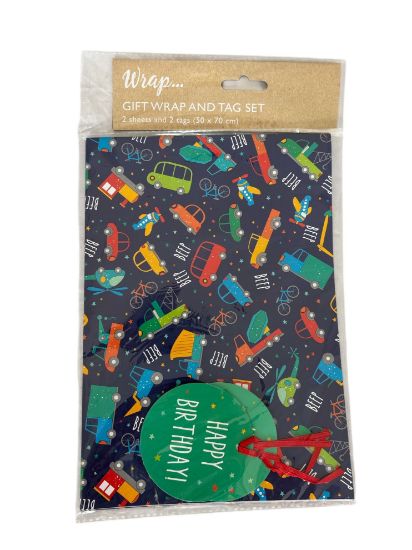 Picture of cars planes trains Gift Wrap 2 sheets 2 tags NEW Birthday gift wrap