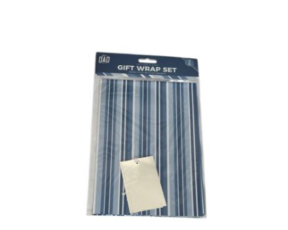 Picture of stripy blue Fathers day gift wrap set with 2 sheets 2 silver Tags NEW