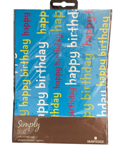 Picture of Blue Happy Birthday Text Gift Wrap 2 Sheets 2 Tags