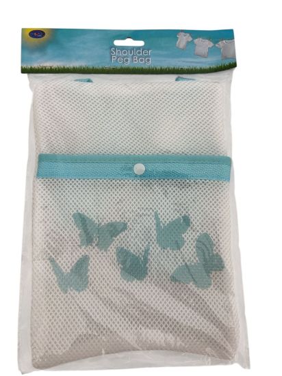 Picture of blue Peg Bag Shoulder Strap Laundry Butterfly Print 27.5 x 21cm Mesh