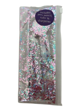 Picture of confetti filled pencil case with pencil ruler eraser sharpener new