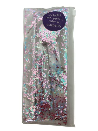 Picture of confetti filled pencil case with pencil ruler eraser sharpener new