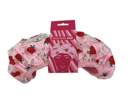Picture of Summer shower cap strawberry cherry & watermelon design plastic and towelling Pink NEW