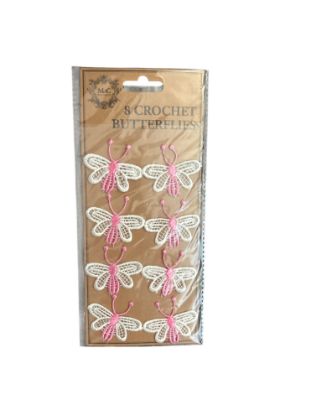Picture of 8 x Crochet Butterflies applique/embellishments white and pink NEW