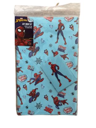 Picture of MARVEL spiderman GIFT WRAP 2 x sheets + 2 TAGS Spiderman gift wrap pale blue