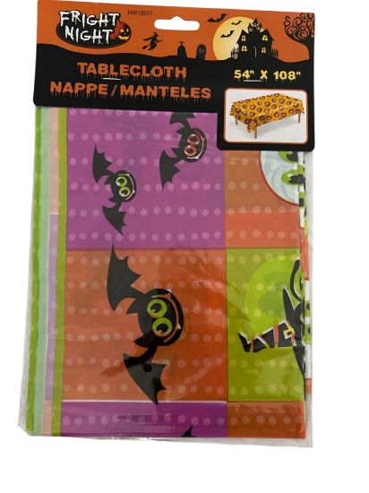 Picture of halloween table cover purple orange green zombies  bats  bright colours orange purple green
