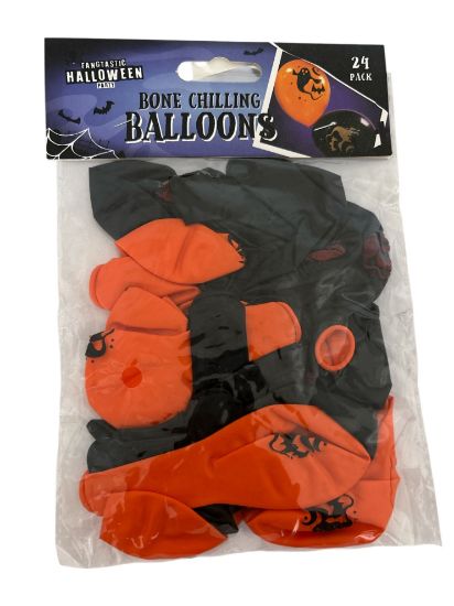 Picture of 24 Halloween Balloons Black Orange Spooky Party Inflatable Decoration Balloon bone chilling balloons 24 pack Bkack and orange with ghosts etc