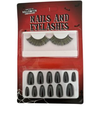 Picture of Black Halloween Eyelashes black with gold glitter plus false nails set NEW