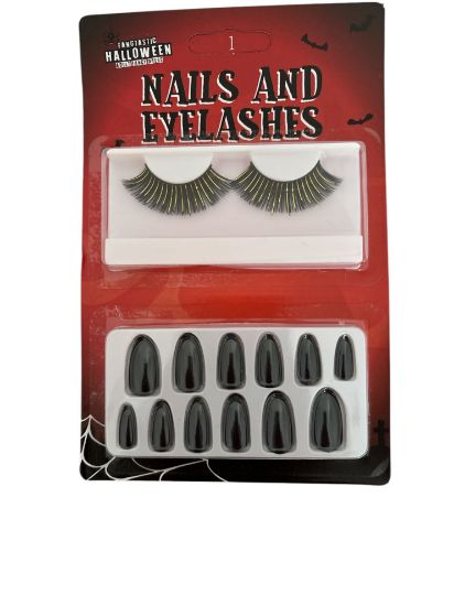 Picture of Black Halloween Eyelashes black with gold glitter plus false nails set NEW