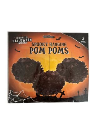 Picture of 3 x spooky Halloween Pom Poms Decorations hanging Black pom poms
