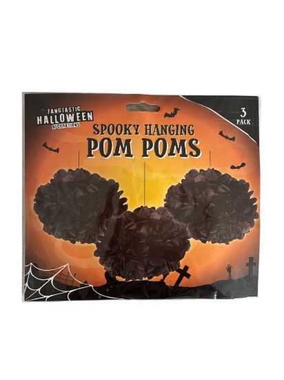 Picture of 3 x spooky Halloween Pom Poms Decorations hanging Black pom poms