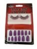 Picture of purple Halloween Eyelashes with gold glitter plus false nails set NEW