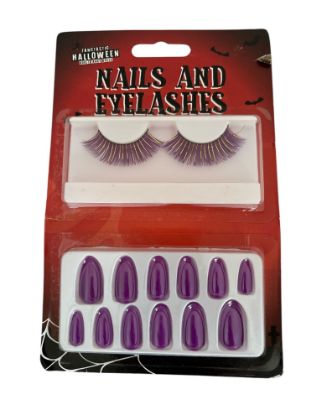 Picture of purple Halloween Eyelashes with gold glitter plus false nails set NEW