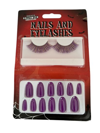 Picture of purple Halloween Eyelashes with gold glitter plus false nails set NEW