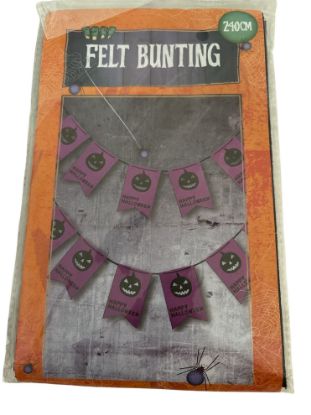 Picture of Happy Halloween FELT Bunting Banner Purple with Black writing & pumpkin  NEW