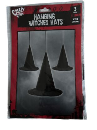 Picture of 3 x Spooky Hanging Witch Hats,   Black, with string NEW