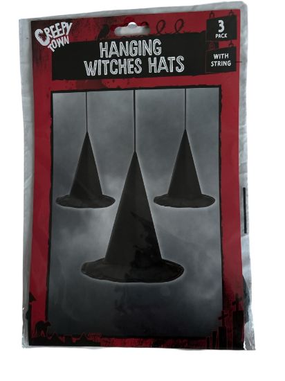 Picture of 3 x Spooky Hanging Witch Hats,   Black, with string NEW