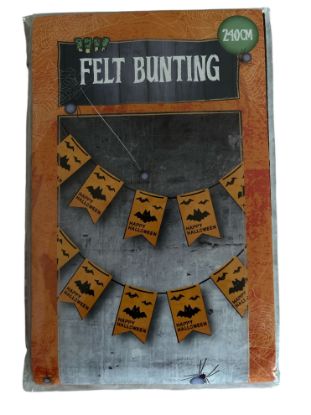 Picture of Happy Halloween FELT Bunting Banner orange with Black writing & bats 240cm