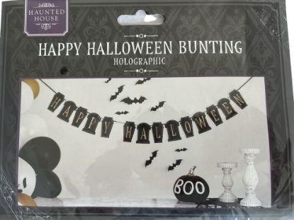 Picture of happy halloween bunting banner 9ft approx black & gold holographic graves
