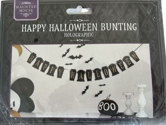 Picture of happy halloween bunting banner 9ft approx black & gold holographic graves