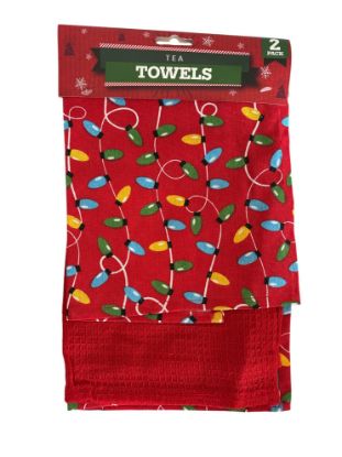 Picture of 2 x Christmas tea towels 1 x plain Red & 1 x Fairy Lights tea towel design