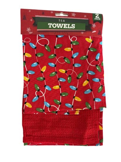 Picture of 2 x Christmas tea towels 1 x plain Red & 1 x Fairy Lights tea towel design