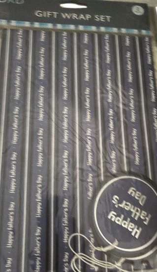 Picture of blue happy fathers day gift wrap setblue black stripes and tag 2 x sheets 2 tags