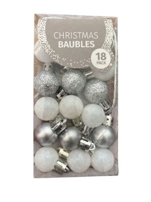 Picture of 18 x Miniature silver and white Shiny & Matte Christmas Tree Baubles NEW Boxed