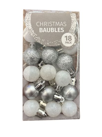 Picture of 18 x Miniature silver and white Shiny & Matte Christmas Tree Baubles NEW Boxed