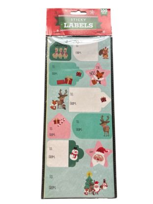 Picture of 100 X Christmas Gift Tag Sticky Labels CUTE CHARACTER Fox Reindeer snowman santa