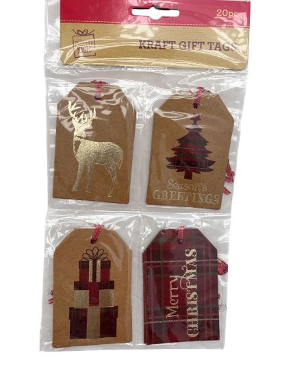 Picture of 20 X Christmas Kraft Gift Tags stag, tartan designs gold details