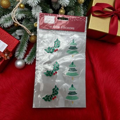 Picture of 6 x Christmas Gem Sticker Sheet 6 stickers holly and Christmas Tree Designs NEW sparkly holly