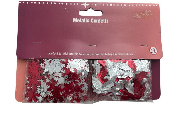 Picture of Christmas metallic confetti red and silver christmas metallic confetti snowflakes holly