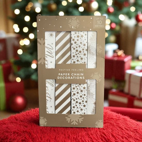 Picture of 200 x CHRISTMAS PAPER CHAINS  Gold and white stripes, stars merry christmas NEW
