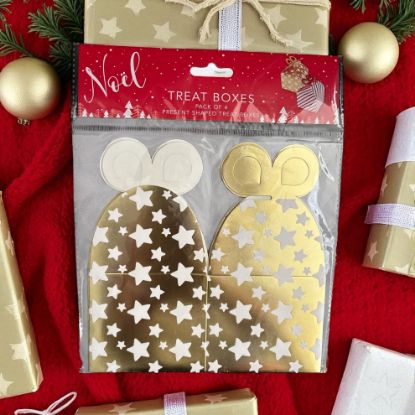 Picture of 4 x Christmas Treat Boxes present shaped  Gold with white stars NEW