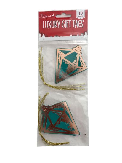 Picture of 10 x luxury christmas gift tags copper bauble design on gold twine