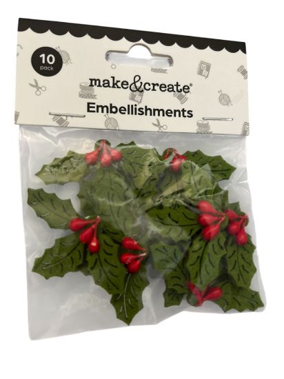 Picture of 10 x Christmas Felt Holly Embellishments new self adhesive Holly stickers NEW